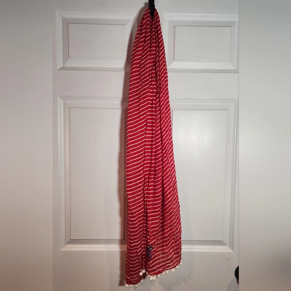 Red White Striped Lightweight Nautical Scarf Pompom Trim
